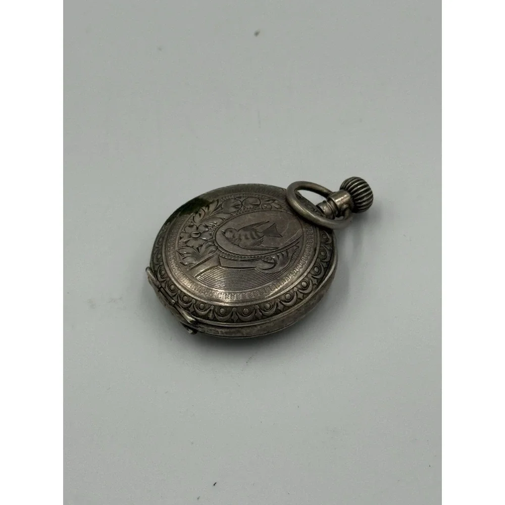 Antique Swiss 800 Silver Hunter Case Pocket Watch Engraved Swan Roman Numeral